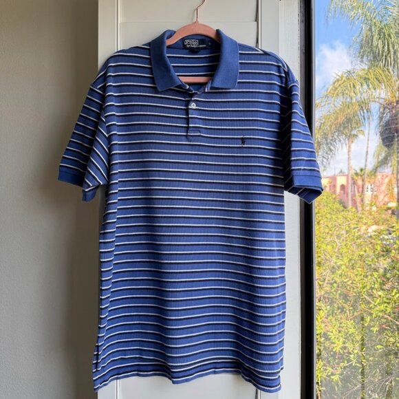 Vintage Polo by Ralph Lauren Pique Polo Shirt in Blue Navy White Stripe size L - Picture 1 of 5
